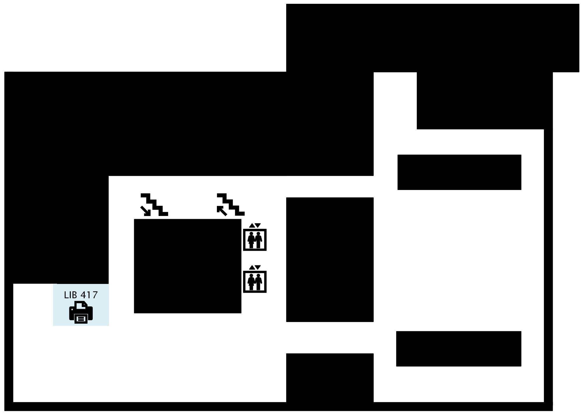 A map of the fourth floor of Mary Idema Pew Library, indicating a printer with print, copy, and scanning capabilities is available in LIB 417